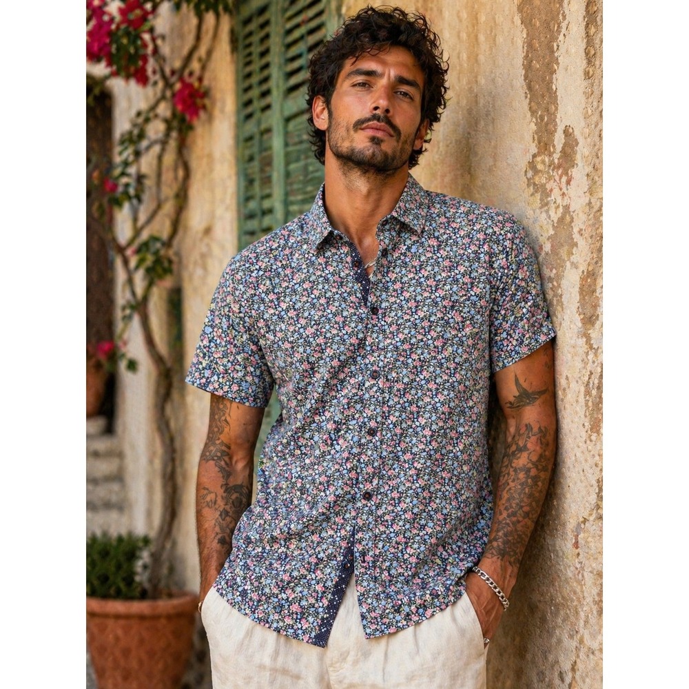 Men's Short-Sleeve Navy Floral Button-Down Shirt